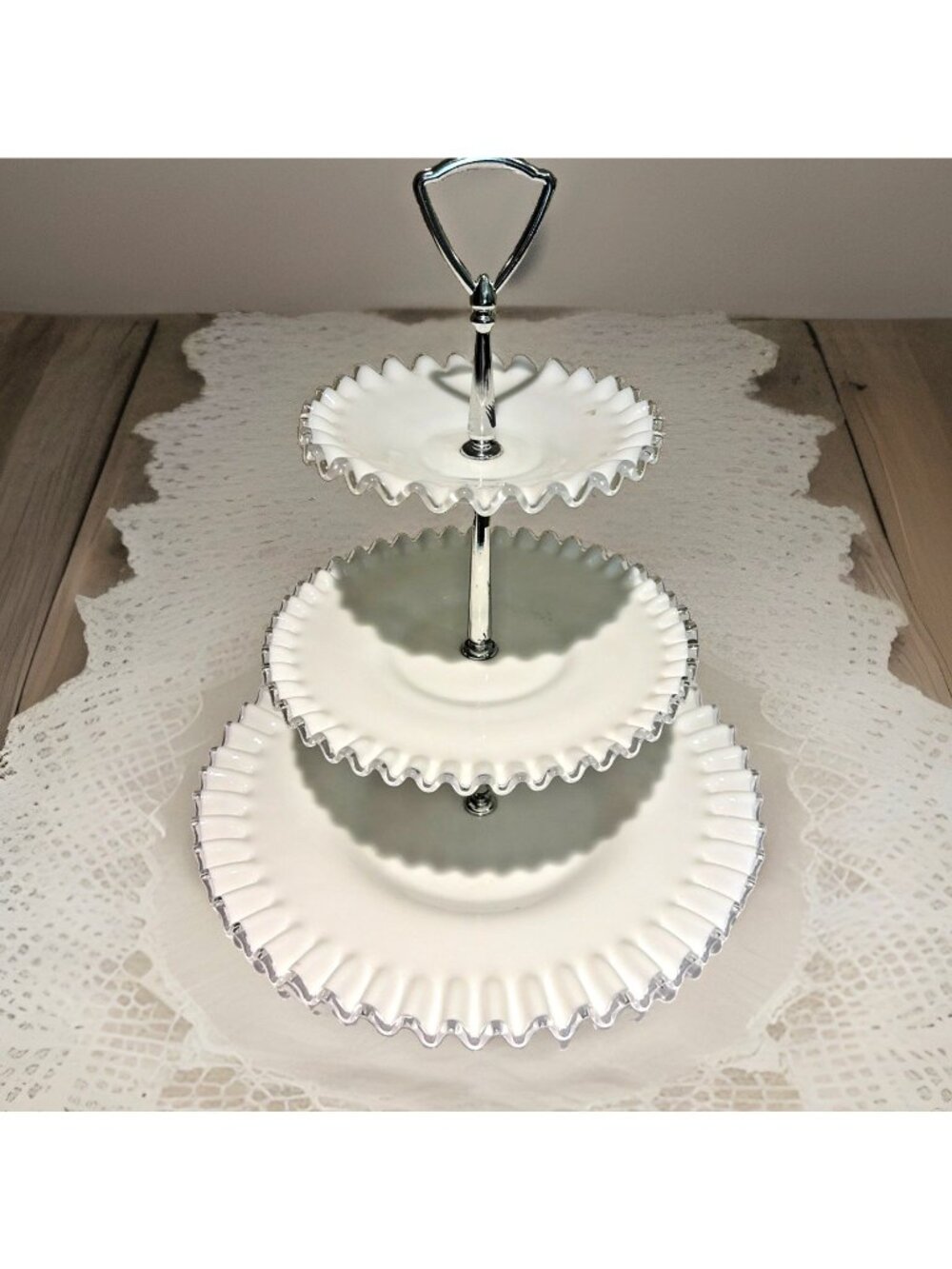 Fenton Silver Crest Milk Glass 3-Tier Tidbit Tray Crimped Piecrust Large Vintage